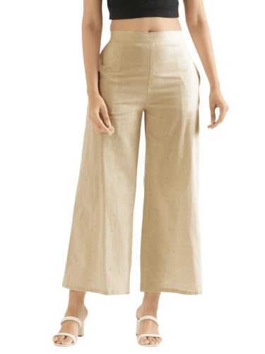 Image of SAADAA Women's Relaxed Fit Mid Rise Airy Linen Wide Leg Pants, High Waist Trousers for Formal, Casual & Office Wear