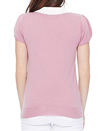 YEMAK Women's Knit Sweater Top – Short Sleeve Contrast Collar Puff Shoulder Classic Casual Knitted Soft T Shirt Pullover3