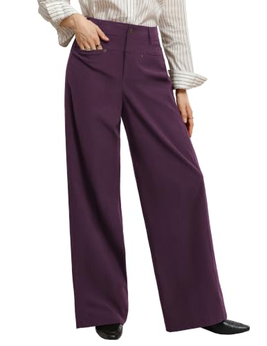 GRACE KARIN Corduroy Pants Women Casual Wide Leg Baggy Trousers Fall Winter | Dark purple M 4 Pockets front and back,Stretch,Rivets,Elastic High Waist,Palazzo,Leisure,Home