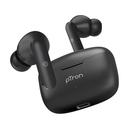 Image of pTron Basspods P81 in-Ear Wireless Earbuds, Pristine Sound, 32Hrs Playtime, Clear Calls TWS Earbuds, Bluetooth V5.1 Headphone, Type-C Fast Charging, Voice Assist & IPX4 Water Resistant (Black)