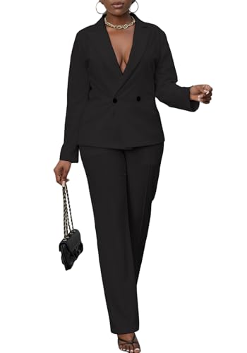 Tcremisa Womens 2 Piece Business Suits Casual Double Breasted Blazer and High Waist Pants Suit Set Office Work Outfits