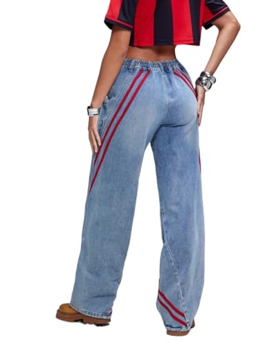 Women's Classic Jean Stripe Straight Leg Mid Rise Denim Jeans,