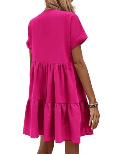 Image of WDIRARA Women's Roll Up Short Sleeve V Neck Ruffle Hem Solid Swing Smock Dress