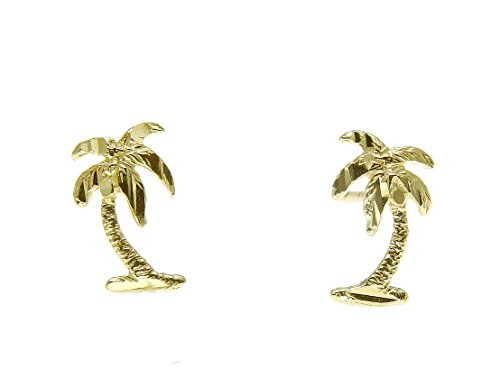 14K solid yellow gold small diamond cut Hawaiian palm tree stud post earrings