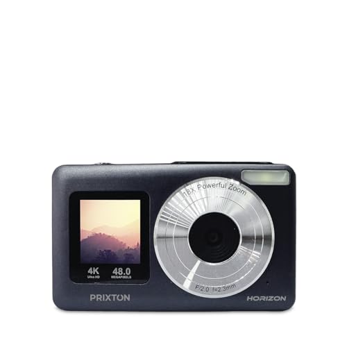 PRIXTON Cámara Digital Horizon DC915 con Pantalla Dual, Resolución 4K 48MP, Zoom 18X, Autonomía 120 min, Tarjeta SD hasta 64GB