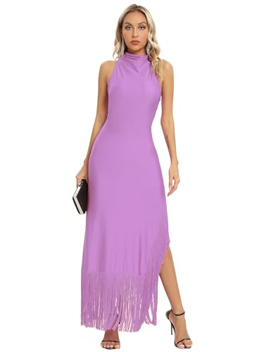 Image of Aigeman Women Vintage Flapper Dresses 1920s Great Gatsby Halter Fringed Maxi Dress Tassels High Split Formal Dress 19