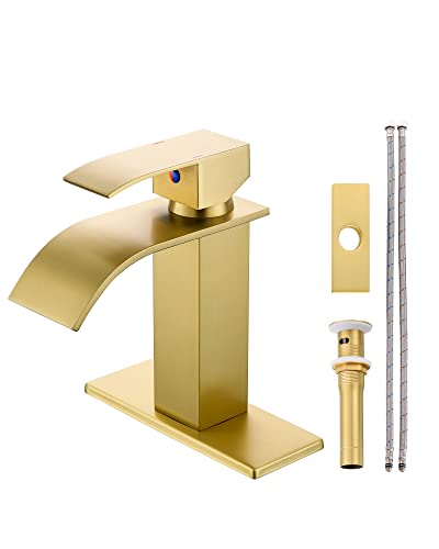 Yardmonet Gold Modern Single Hole Bathroom Faucet Waterfall Spout Bathroom Faucet Brushed Gold Bathroom Sink Faucet With Drain Assembly And Lead-Free Hose #TOP6