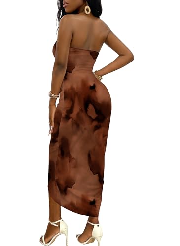 Image of Umenlele Women's Strapless Ruched High Waist Wrap Split Asymmetrical Beach Maxi Long Dress