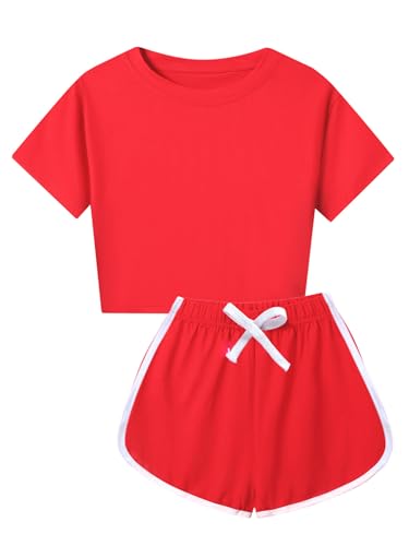Kids Girls Sports Outfits Cotton Short Sleeve T-shirt Shorts Set For Summer Casual Workout Dance Red 7-8 Years