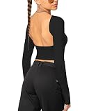 Womens Sexy Long Sleeve Backless Crop Tops Crewneck Slim Fit Casual Y2K Tee Shirts