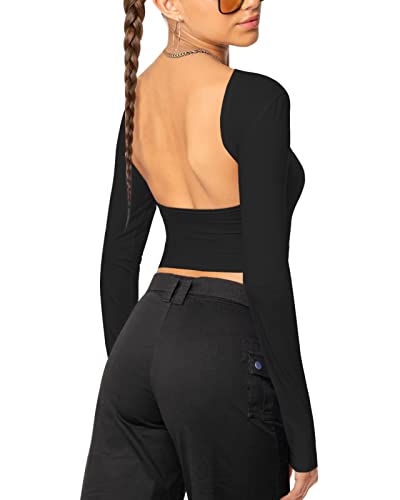 Womens Sexy Long Sleeve Backless Crop Tops Crewneck Slim Fit Casual Y2K Tee Shirts #TOP11