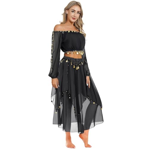 Sywiyi Damen Bauchtanz Kostüm Set Pailletten Langarm Crop Top mit Bauchtanz Rock Midi Lang Sexy Orientalische Belly Dance Kostüm Schwarz...