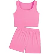 EXARUS Girls 2 Piece Outfits Summer Sleeveless Ribbed Short Sets Casual Crop Tank Top Pockets Sho...