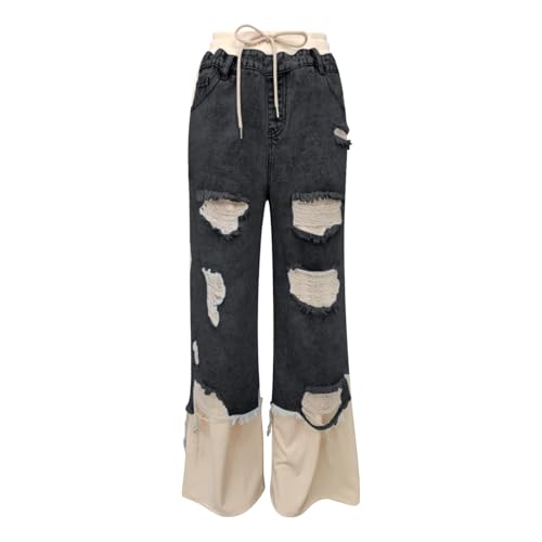 Women's Denim Trousers with Stitching and Ripped Design 2025 Summer Drawstring Elastic Waist Wide Leg Patchwork Jeans4