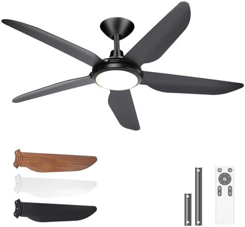 Ceiling Fans with Lights 52-Inch, Remote Control Reversible DC Motors, Dimmable Timer Noiseless, Black Ceiling Fan for Bedroom Living Room,Very energy efficient