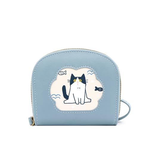 Cat Coin Pouch for Girls & Women – Mini PU Leather Wallet with Wrist Strap – Kawaii Zipper Change Purse for Cash, Keys (Blue)