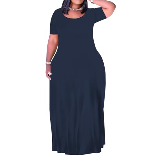 Image of SUZONANA Plus Size Maxi Dress for Curvy Women Summer Casual Sundress Short Sleeve Loose Vacation Dress