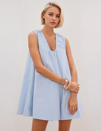 Image of MISSACTIVER Women's Sleeveless Babydoll Tank Mini Dress Scoop Neck Ruched Short Dress with Side Pockets Summer Party Dresses