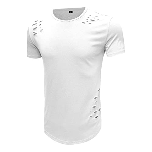 Men's Hip Hop Ripped Workout T Shirt Short Sleeve Muscle Gym Athletic Tee Vintage Washed Destroyed Holes Shirts (White,Large)