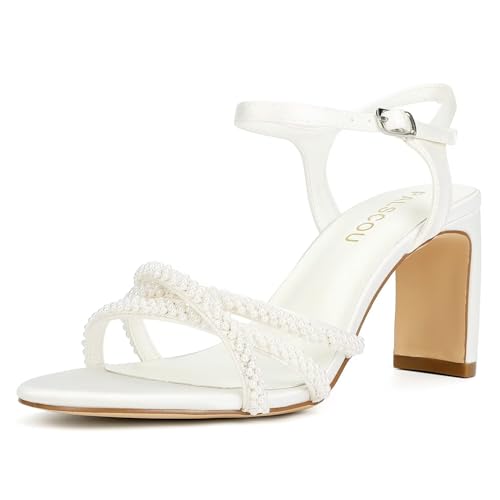 Women's White Heeled Sandals Pearl Wedding Shoes Open Toe Strappy Bridal Heels