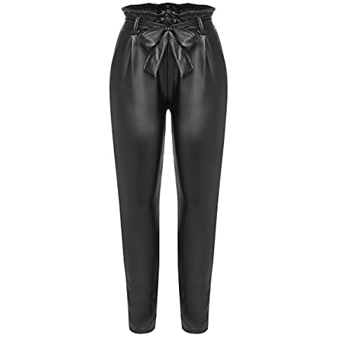 Kendindza Collection Women's Paperbag High-Waist Faux Leather Trousers with Lightweight Fleece, black, M Cover