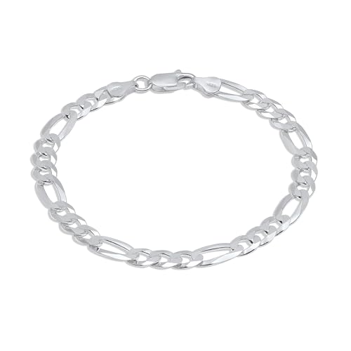 Aka Gioielli - Solid 925 Sterling Silver 7mm Diamond-Cut Figaro Link Chain - Bracelet for Men and Women - Made in Italy