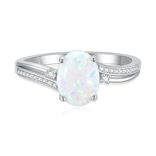 YDD 2ct Oval Cut Opal Engagement Rings for Women White Opal Rings Opal and Moissanite Engagement Rings 925 Sterling Silver Opal Wedding Ring Anniversary Promise Ring