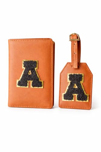 Image of Passport Cover & Bag Tag Combo | Personalized Initial Alphabet Custom A-Z Name Initial | Fits Standard Passports | Travel GiftIdeal Travel Gift for Women, Girls & Couples (Tan)