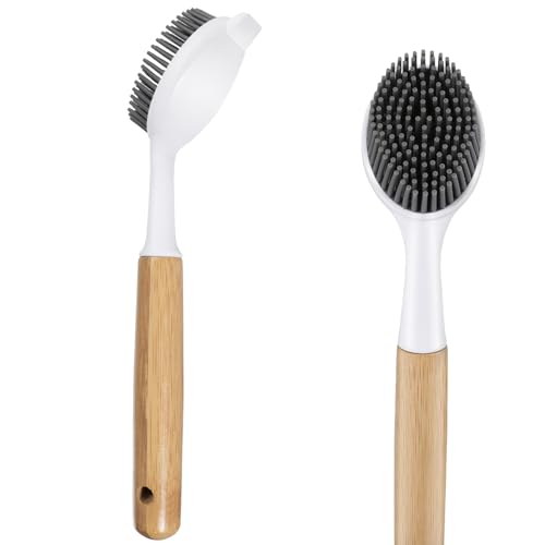Bamboo Dish Brush with Handle – Wooden Scrub Brush for Cast Iron, Sink, Pots & Dishes – Kitchen Dish Washing Brush with Nylon Bristles – Durable Dish Scrubber for Cleaning