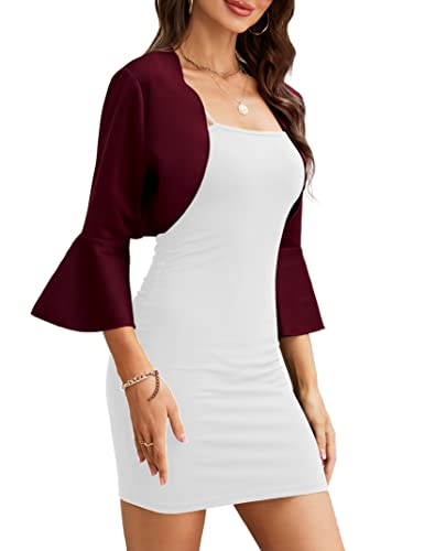 Image of Cropped Cardigans for Women, 3 /4 Bell Sleeve Bolero Shrug Open Front Bolero Jackets for Evening Dresses Wine Red M