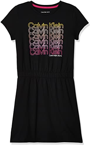 Calvin Klein Girls' Short Sleeve Cotton Logo Dress, Elastic Cinched Waist & Tagless Interior