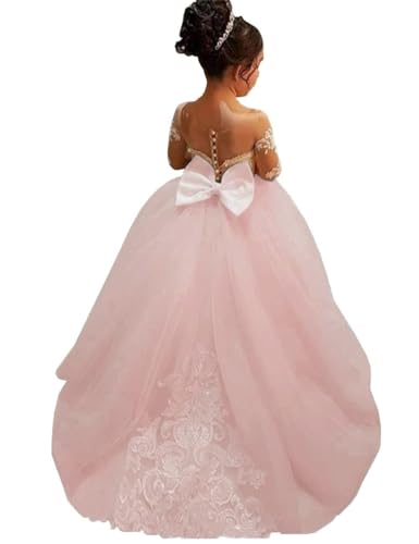 LECOYOYO Lovely Flower Girls Dresses for Wedding Long Sleeves Lace Appliques Pageant Dress Girls Ball Gown Party Dress