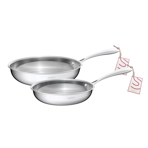 SANFELA 5-lagiges Bratpfannenset aus Edelstahl 2, inkl. 24 cm und 28 cm Edelstahlpfannen, spülmaschinen- und backofenfest, Induktionspfannen