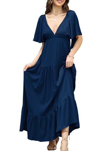 Image of Kikibell Women Summer Dresses Sexy V-Neck Maxi Dress Tiered Silhouette with Flutter Sleeve Backless Elastic Waist Flowy Dress