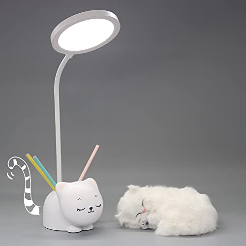 ONEFIRE Cute Desk Lamp 9 Light Modes, LED Kids Desk Lamp Touch Control, 360Â° Gooseneck Lamp for Desk ,Study Lamp + Pen Holder, Cat Lamp Rechargeable Lamp for Desk, White Desk Lamp for Kids Cat Light