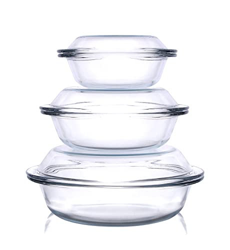 Set of 6 Round Glass Casserole Dishes, Nesting Glass Baking Dish Set with Lid, Oven, Freezer and Dishwasher Safe. - 0.5QT+1QT+1.8QT