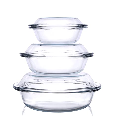 Set of 3 Round Glass Casserole Dishes, Nesting Glass Baking Dish with Lid, Heat, Cold and Shock Proof, Oven, Freezer and Dishwasher Safe (Set of 3-0.5L+1L+1.8L)