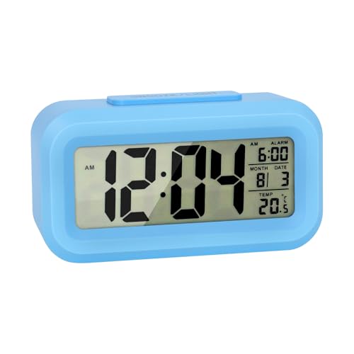 ADOUNOTES Digital Alarm Clock for Bedrooms, Desk Small Clock with Time, Date and Indoor Temperature Display,Snooze Model,12/24H, AAA Battery Operated(not Included) (Blue)