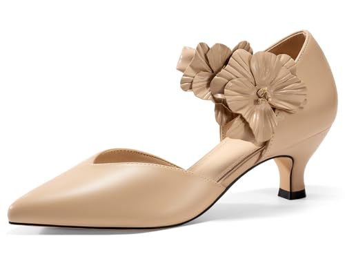 Image of Coutgo Womens Low Kitten Heels Dressy Shoes Comfortable Closed Toe Flower Slip on Formal Party Dance Heeled Pumps