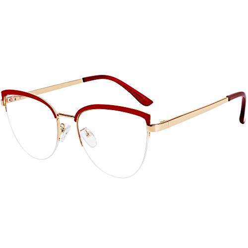 STORYCOAST Cat Eye Blue Light Blocking Glasses Women Vintage Metal Semi Rimless Eyeglasses Fashion Fake Glasses for Anti Eyestrain & UV Glare (C7 Red Frame)