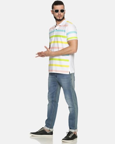 Image of KRYPTIC Men White Stripes Printed Polo Collar Pure Cotton T-Shirt (White;XL)