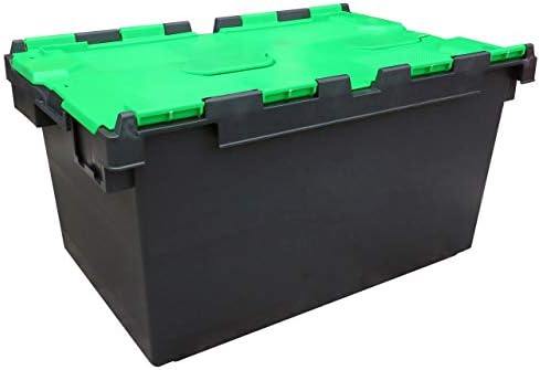 Pack of 2 - Large Plastic 80 Litre Heavy Duty Storage Boxes (71 x 46 x 36.8cm) Plastor Black and Green LC3 Crates with Attached Hinged Lids