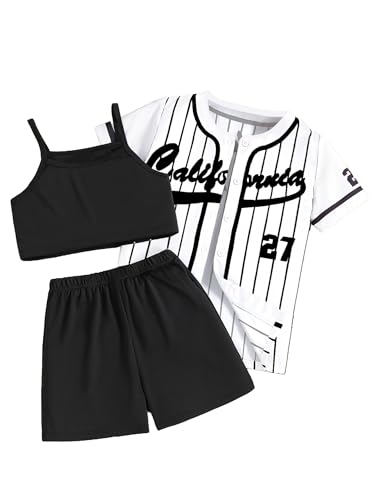Image of Hilinker Girls Graphic 3 Piece Outfits Short Sleeve Striped Cardigan and Crop Cami with Shorts Set