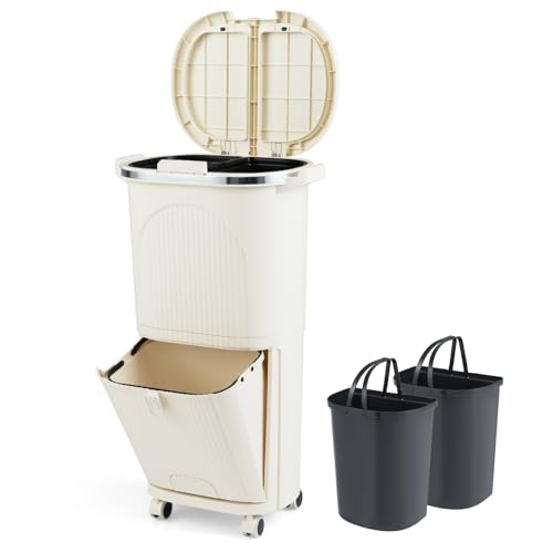 GIANTEX Poubelle Cuisine de 38 L, Poubelle Tri Selectif avec 3 Compartiments, Roulettes, Poignées, Pédale, Seau en PP avec Couvercles à Pression et Pédale, pour Salle de Bain, Cuisine, Bar, Beige