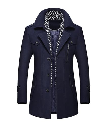 Image of SOMTHRON Men's Wool Blend Coat with Detachable Scarf or Iner Collar Single Breasted Pea Coat Warm Winter Trench Coat