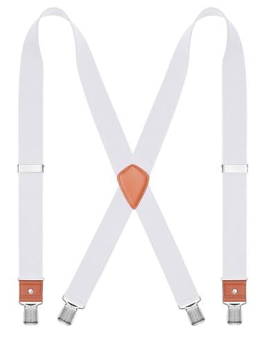 CEAJOO Mens Suspenders Heavy Duty 1.4 Inch X-Back Adjustable Elastic Braces with Strong Clips and Straps White 43