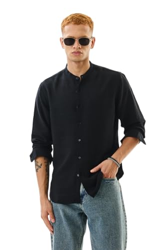 Image of SNITCH Men Casual Shirt | Slim Fit Full Sleeve Mandarin Collar Stripes Design | Premium Viscose Blend & Breathable Fabric for Everyday & Semi-Formal Wear