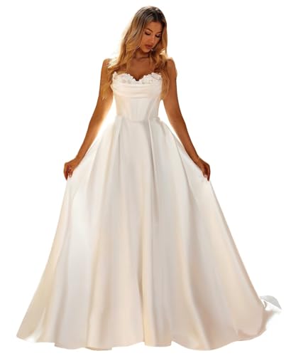 yiuwiod Strapless Wedding Dresses Flower Appliques Pleated A-Line Satin Zipper