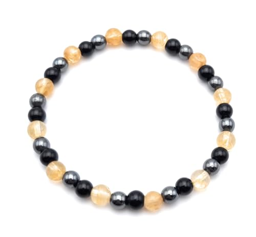 Bracelet Contre le Mal de Dos, les Migraines et le Stress | Hématite, Agate noire et Citrine en Pierres Naturelles | Taille 16 à 21 cm selon votre poignet | Perles rondes 6 mm | Artisanal (20-21 cm)