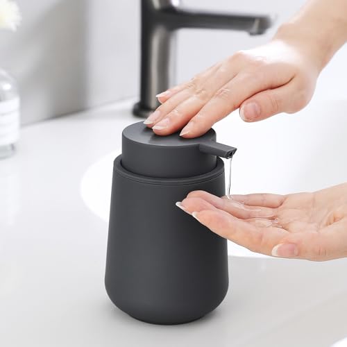 Image of YAUKPH Matte Gray Liquid Hand Soap Dispenser Plastic 11 oz - Modern Minimalist Style for Bathroom & Kitchen Countertop Refillable